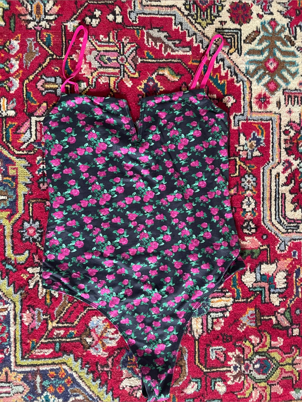 Wayf Black Small Bodysuit with Hot Pink Floral Print